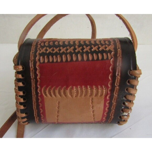 Western Crossbody Mini Brown Tooled Leather Purse with Miniature Hat - Picture 3 of 7